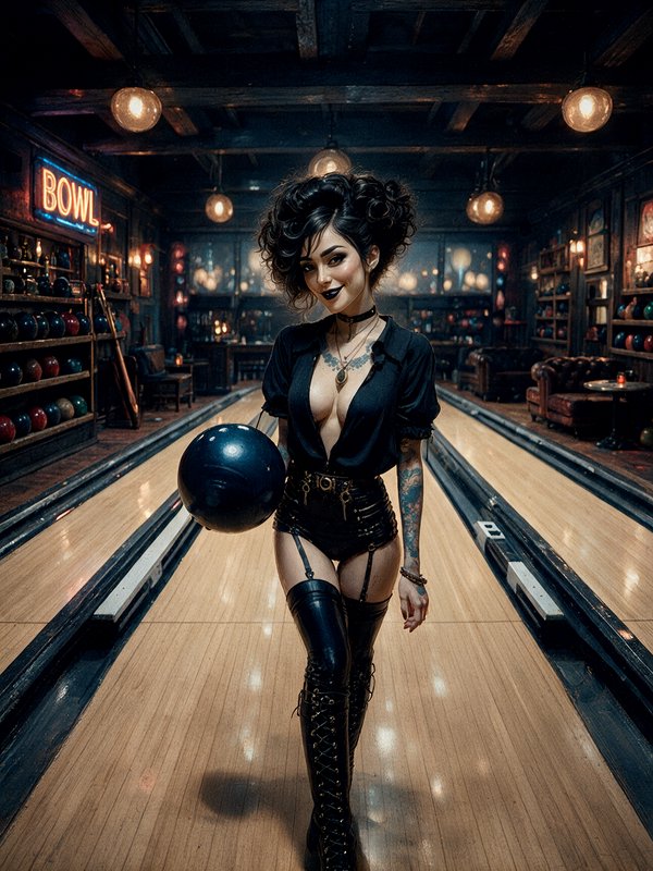 Tattooed goth style woman holding a bowling ball while standing on a vintage bowling alley lane