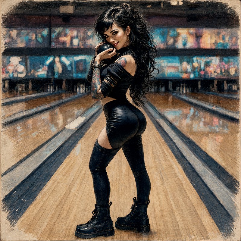 [Painterly vintage portrait of tattooed goth woman holding a bowling ball, looking back while standing on a bowling alley ...