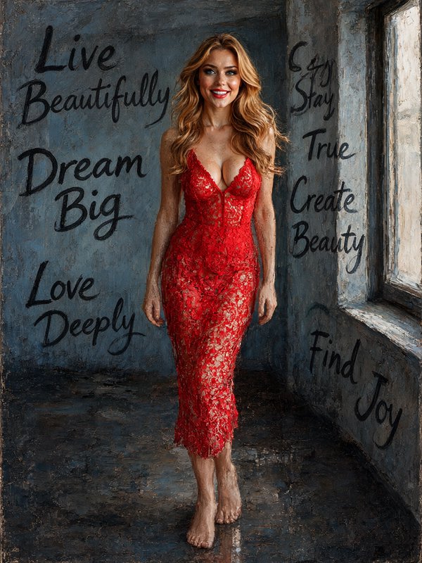 Textured impasto painting of smiling blonde woman in red lace dress with inspirational handwritte...