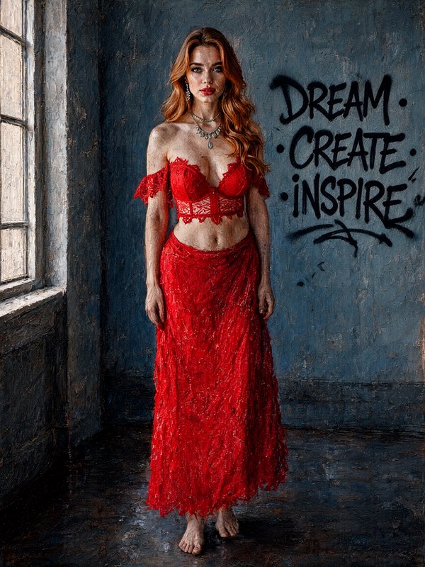 Textured impasto painting of red-haired woman in red lace outfit beside "Dream Create Inspire" gr...