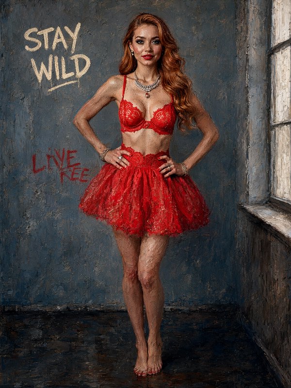 Impasto portrait of confident red-haired woman in red lace, with "Stay Wild Live Free" text on gr...