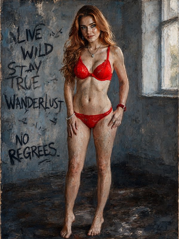 Impasto oil portrait of a red-haired woman in red lace lingerie beside a motivational graffiti wall