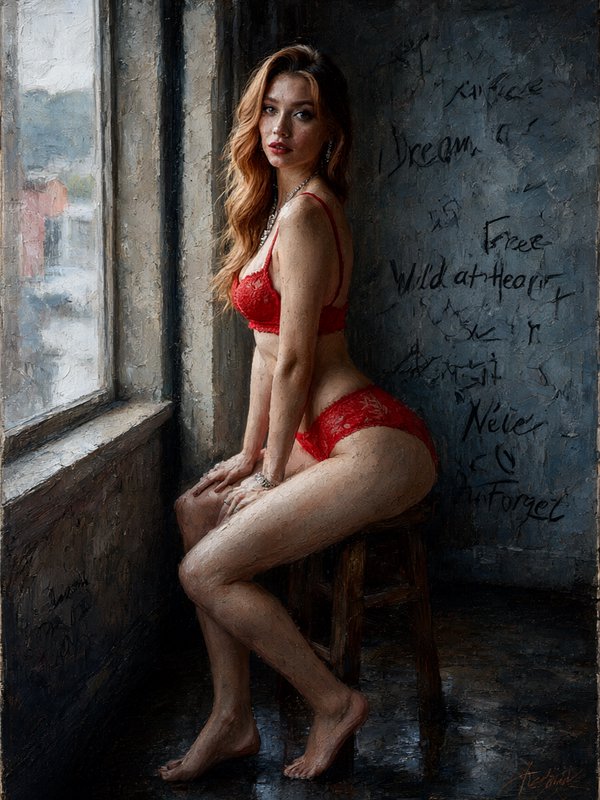 Textured impasto oil portrait of a red-haired woman in red lace lingerie seated on a stool beside...