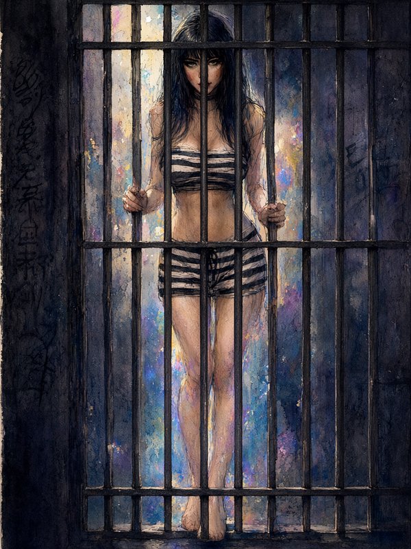Watercolor sketch of a dark-haired woman in striped prison clothes holding iron jail bars inside ...