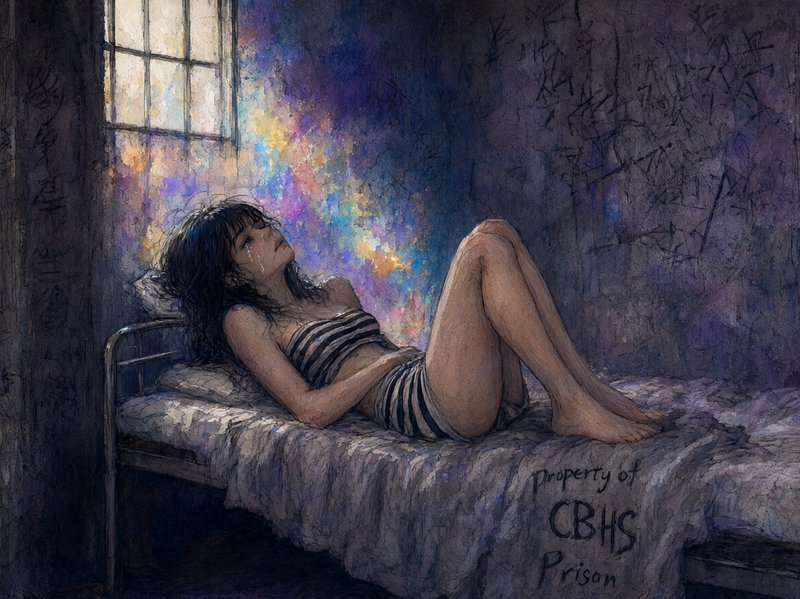 Crying young woman in striped clothing reclines on a prison bunk, looking toward glowing window l...