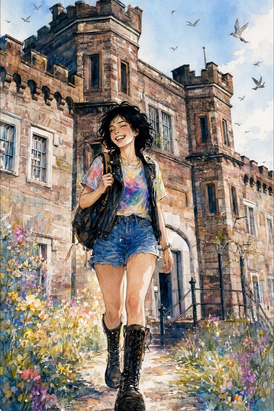 Laughing young woman with backpack walks along a flower-lined path before an old stone castle, wa...