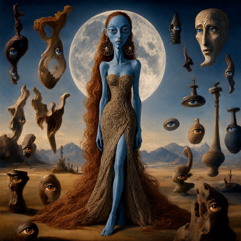 Surrealist portrait of blue-skinned woman with long red hair, surrounded by floating eye motifs u...