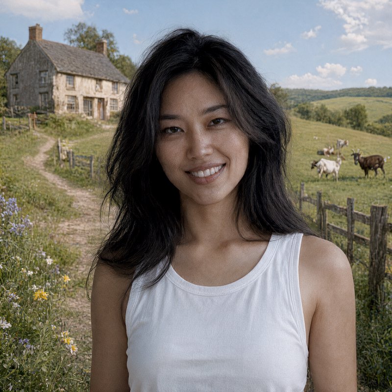 Smiling young East Asian woman in a white tank top standing in a sunlit rural farm landscape with...