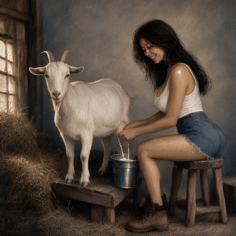 Realistic oil painting of a smiling woman milking a white horned goat into a metal bucket inside ...