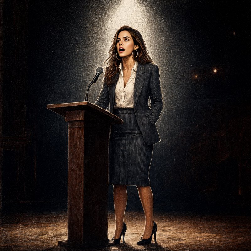 Confident businesswoman speaking at a wooden podium under a dramatic stage spotlight.