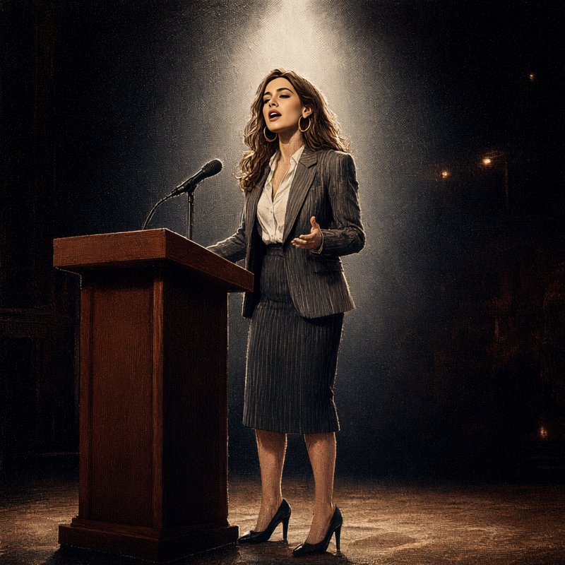 Confident woman in a pinstripe suit gives a speech from a wooden podium under a dramatic stage sp...