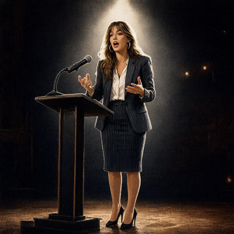 Female public speaker in a pinstripe suit gestures while speaking at a wooden podium under a dram...