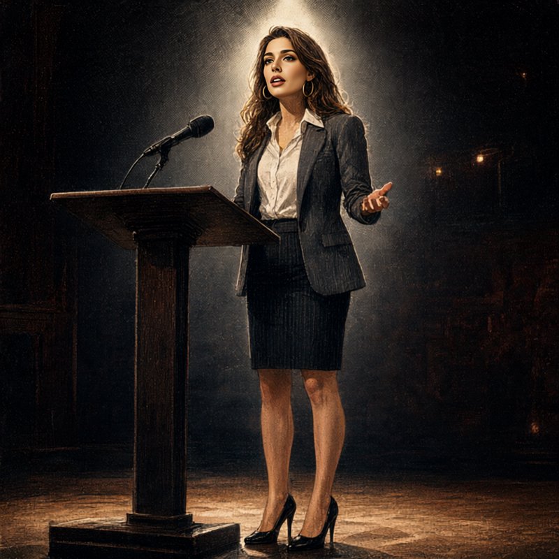 Confident professional woman in a business suit speaks at a wooden stage podium under a dramatic ...