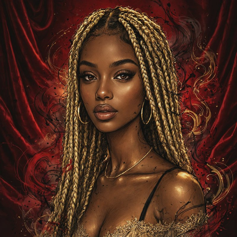 Illustrated portrait of an elegant Black woman with long blonde braids against a dramatic deep re...