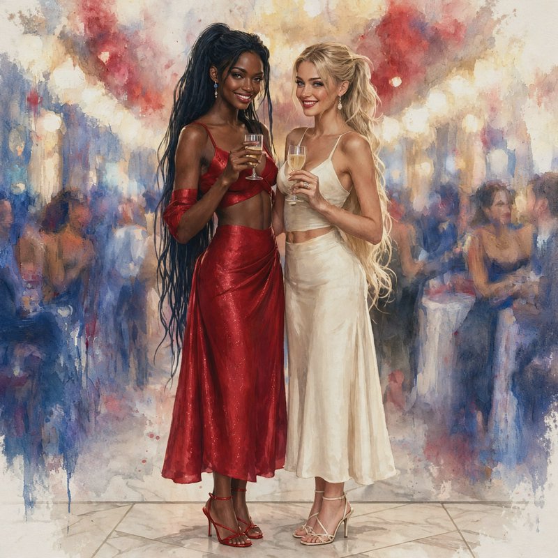 Two smiling elegant women holding champagne flutes pose together at a glamorous formal gala, rend...