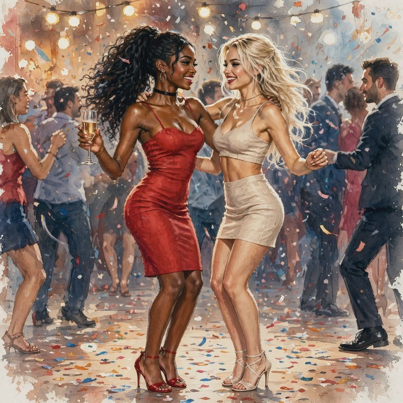 Watercolor illustration of two smiling women dancing at a confetti-covered festive party, one hol...