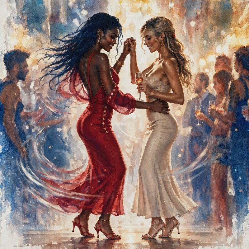 Impressionist watercolor of two smiling women dancing together at a glamorous evening gala, surro...
