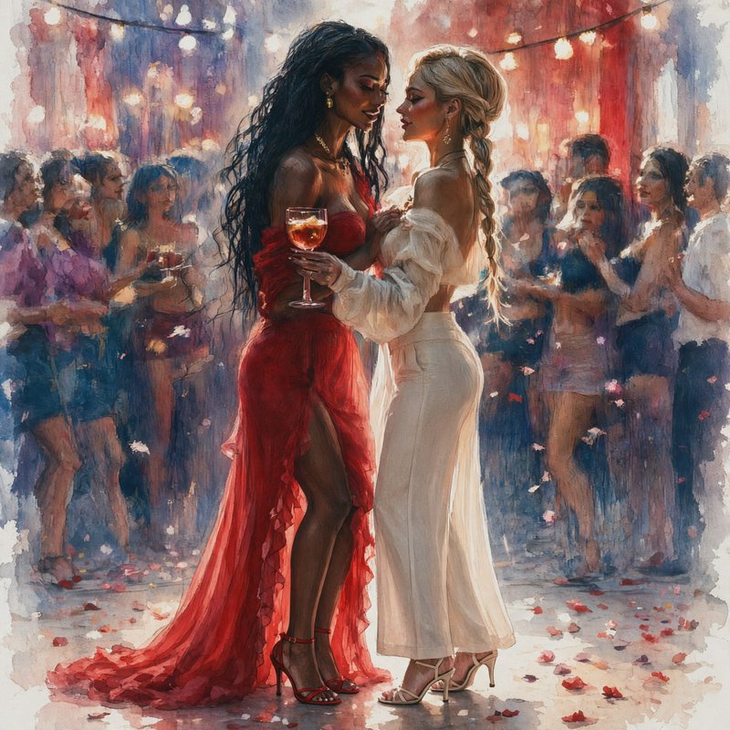 Watercolor illustration of two women sharing an intimate romantic moment at a warm, lit festive e...