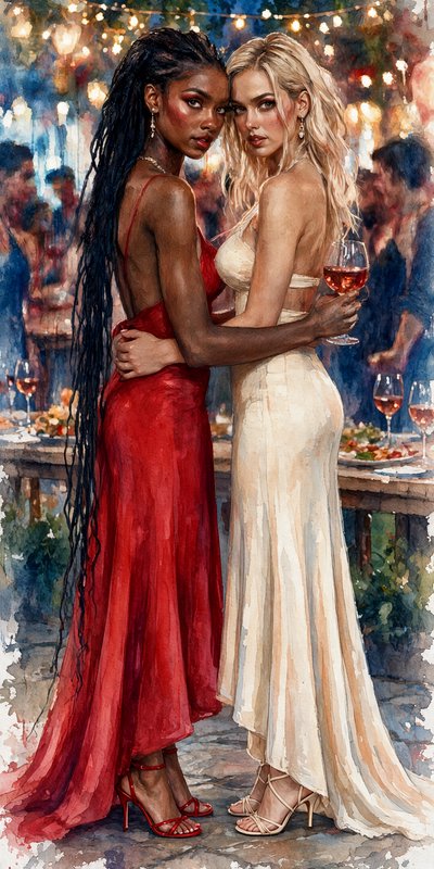 Watercolor painting of two embracing women in formal gowns at a festive outdoor evening party wit...