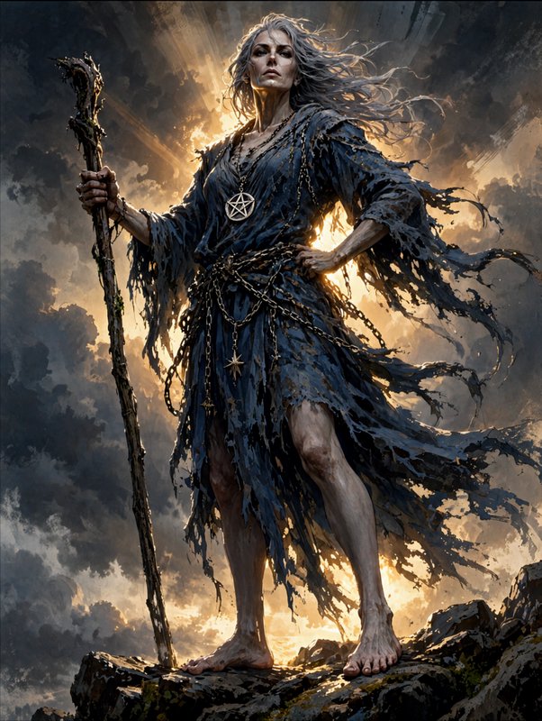 Powerful elder female sorceress stands on a rocky cliff holding a gnarled staff, backlit by golde...