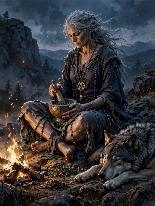 Elderly hedgewitch grinds herbs with mortar and pestle beside a resting wolf at a mountain campfi...