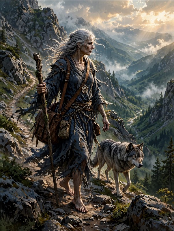 Elderly wandering witch with a wooden staff walks a rocky mountain trail alongside a gray wolf at...