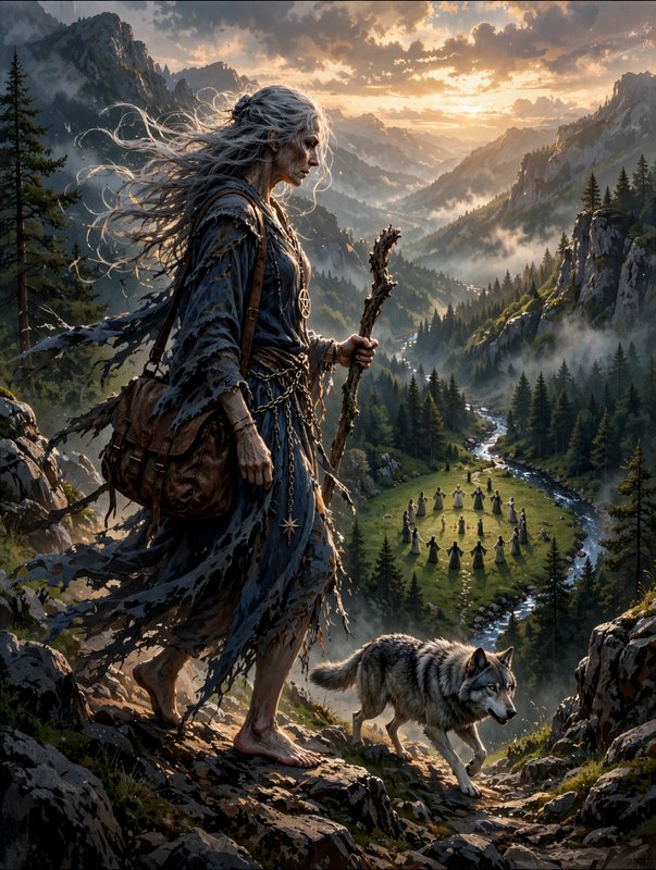 Elder pagan crone with wooden staff walks a mountain cliff path alongside a grey wolf, overlookin...