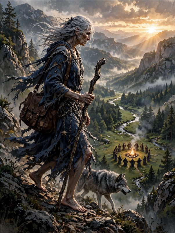 Elder pagan crone with wooden staff and wolf stands on a mountain cliff overlooking a valley ritu...