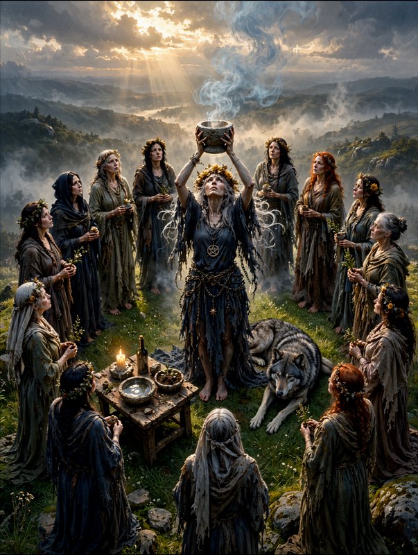 Coven of pagan priestesses perform a sacred hilltop ritual at sunrise, led by a high priestess ho...