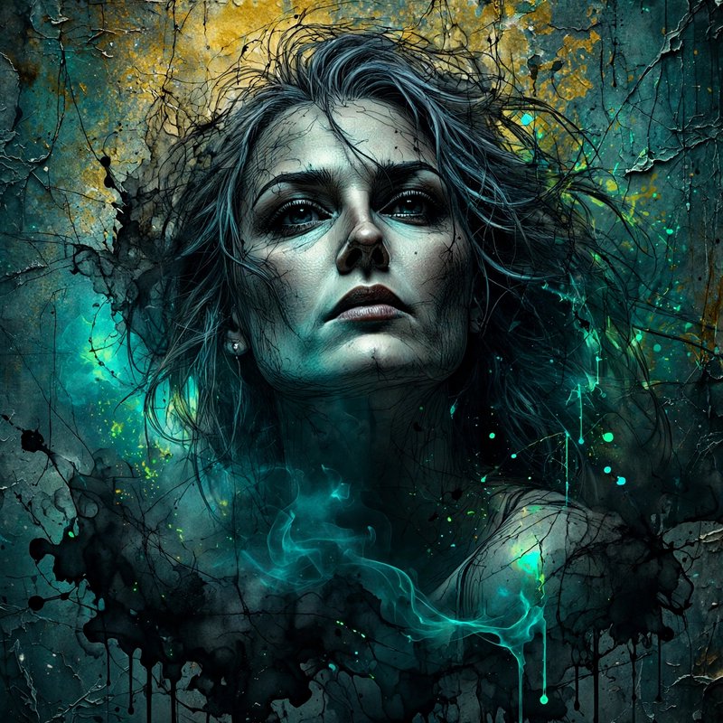 Surreal close-up portrait of a solemn upward-gazing woman, surrounded by glowing teal mist on a c...