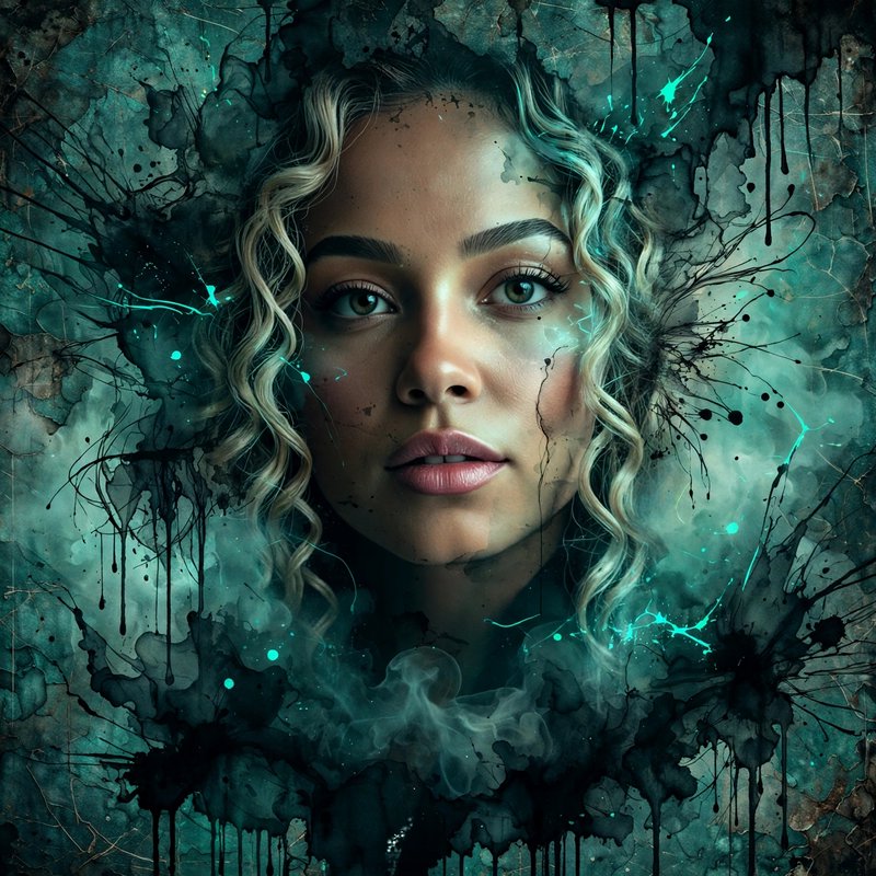 Surreal portrait of a curly blonde woman surrounded by moody teal and black ink splatter abstract...