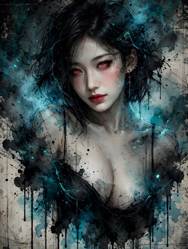 Ink wash portrait of a pale woman with glowing red eyes, surrounded by crackling teal lightning a...