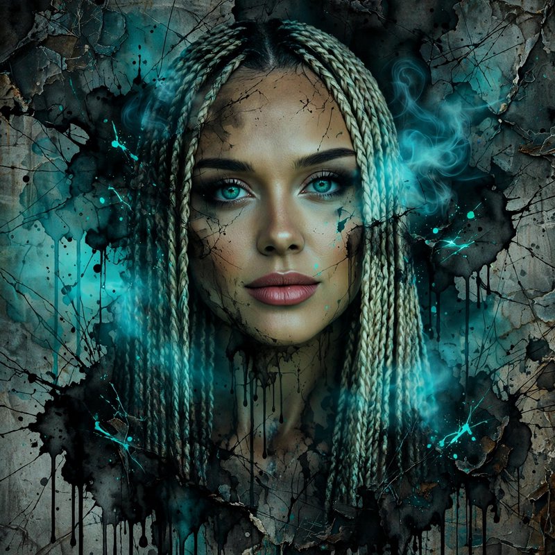 Surreal fantasy portrait of a woman with blonde box braids, glowing teal eyes, surrounded by ink ...