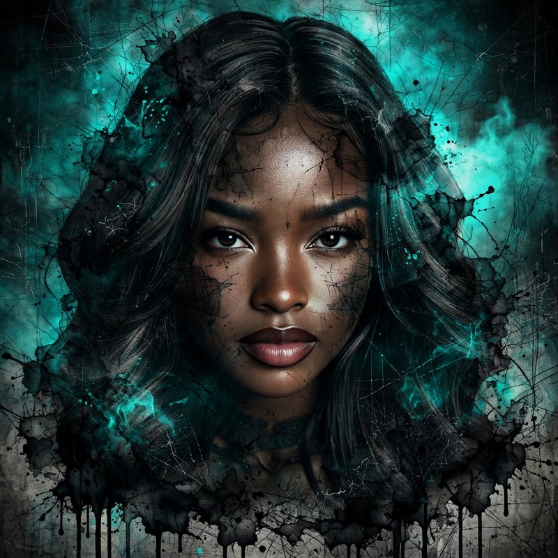Surreal grunge portrait of a young Black woman with long dark hair, surrounded by glowing teal sm...