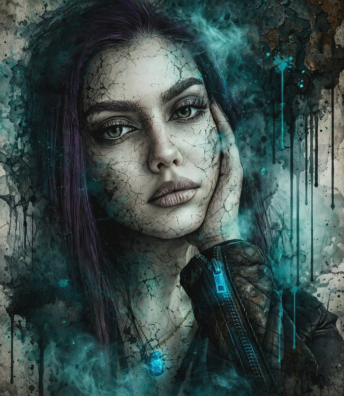 Surreal grunge portrait of a cracked-skinned woman with purple hair, glowing teal accents, and sm...
