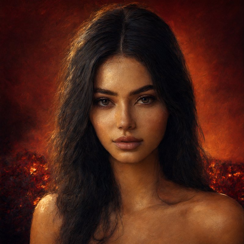 Fine art portrait of a young woman with long wavy dark hair, glowing warm skin, against a texture...