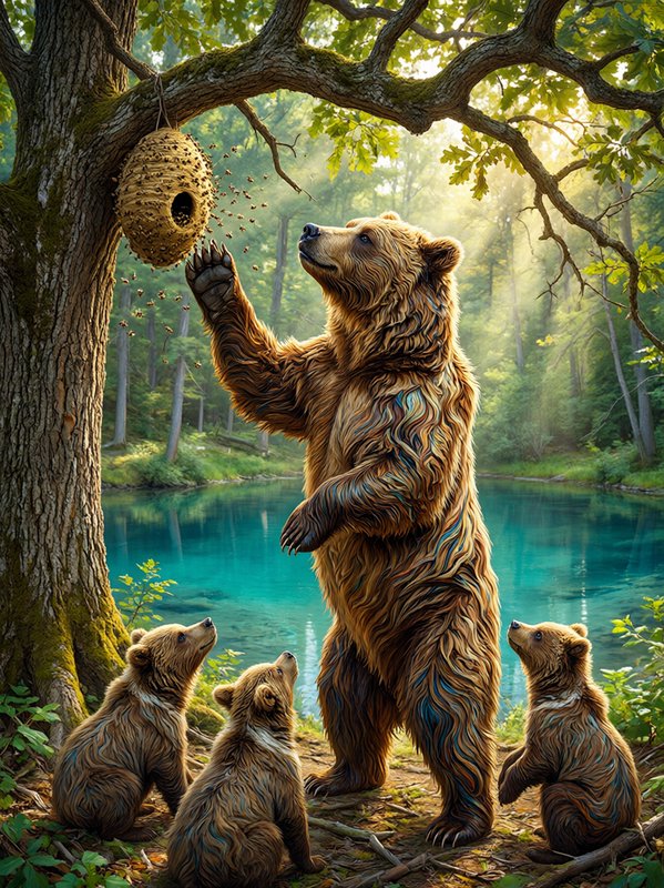 Mother brown bear reaches for a tree-hung beehive as three curious cubs watch beside a sunlit tur...
