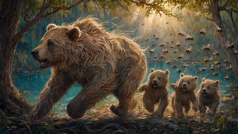 Wet adult brown bear leads three fleeing cubs away from a bee swarm along a sunlit forest lakeshore.
