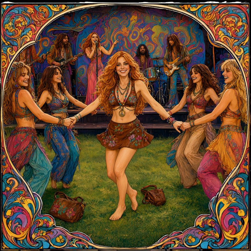 Smiling hippie women dance in a circle at a vibrant outdoor 1970s music festival with a live band on stage