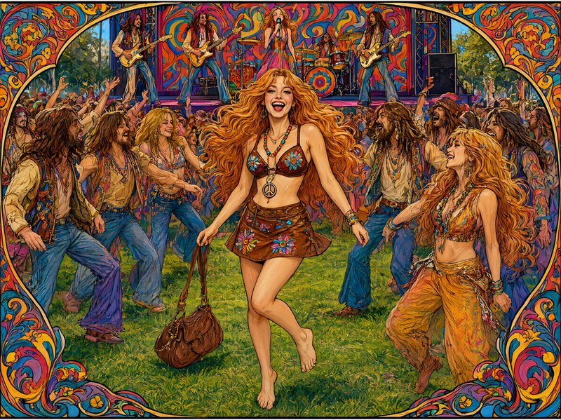 Joyful barefoot hippie woman dances at a vibrant psychedelic 1960s outdoor music festival