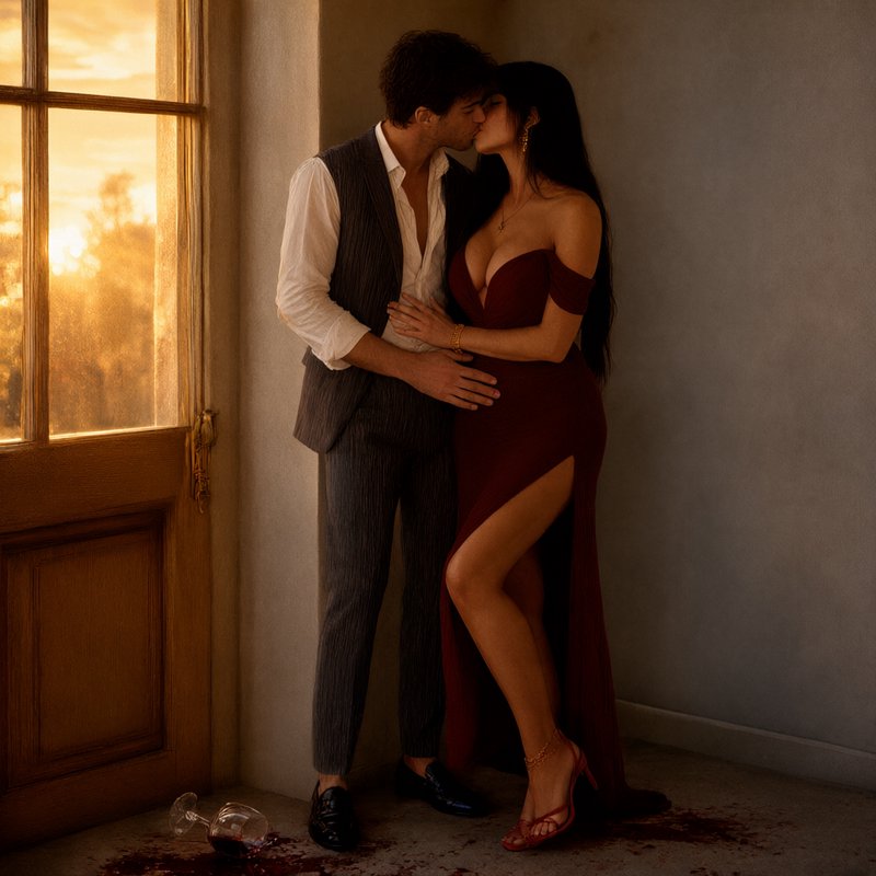 Elegant couple kissing beside a sunset window as a spilled wine glass rests on the floor