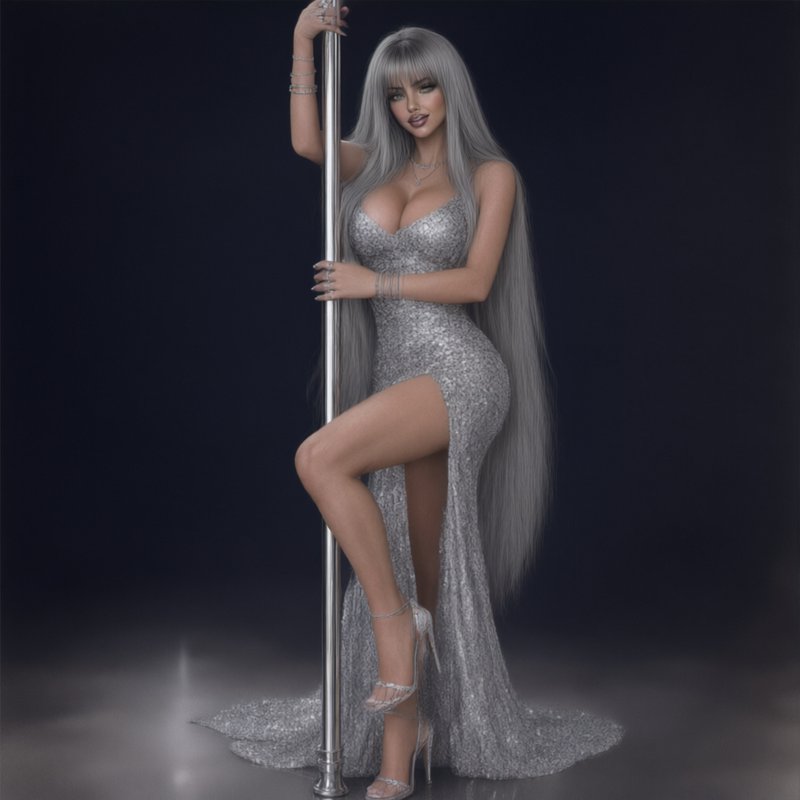 Glamorous woman with long silver hair in a sequin gown posing holding a chrome dance pole