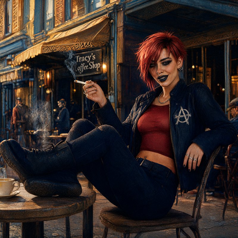 Edgy red-haired punk woman rests her feet on a patio table outside a vintage street coffee shop