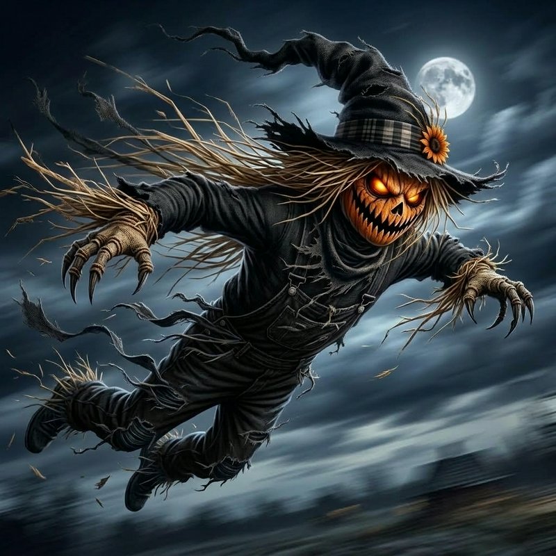 Menacing jack-o-lantern scarecrow flies through a stormy night sky under a glowing full moon