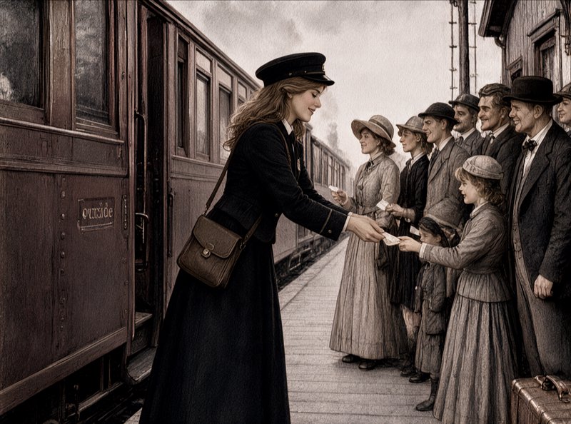 Smiling female vintage train conductor collects tickets from waiting passengers on a historic railway platform