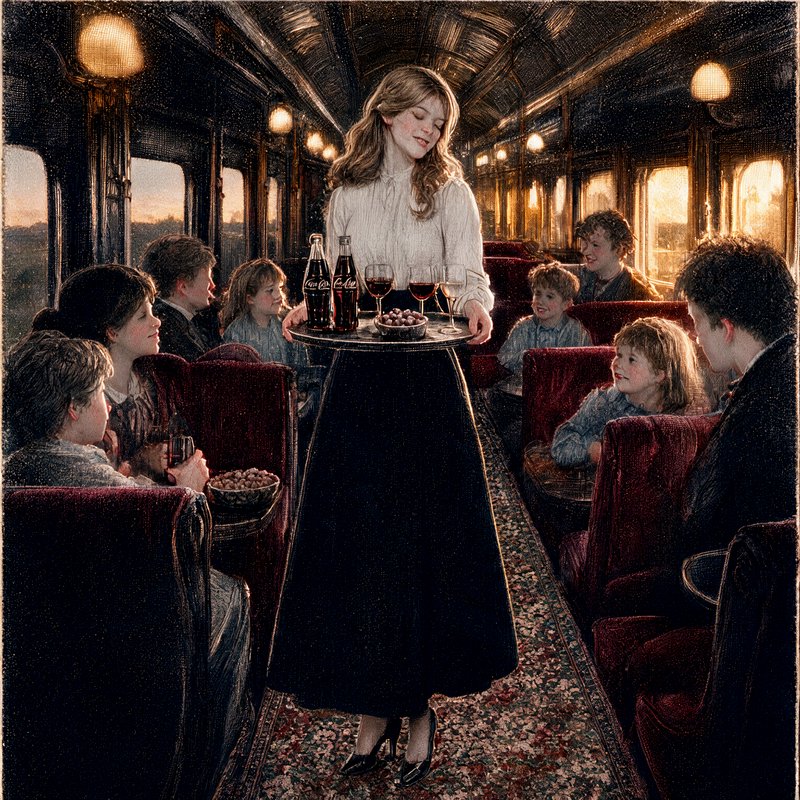 Waitress serving drinks to seated passengers inside a vintage luxury train carriage at sunset
