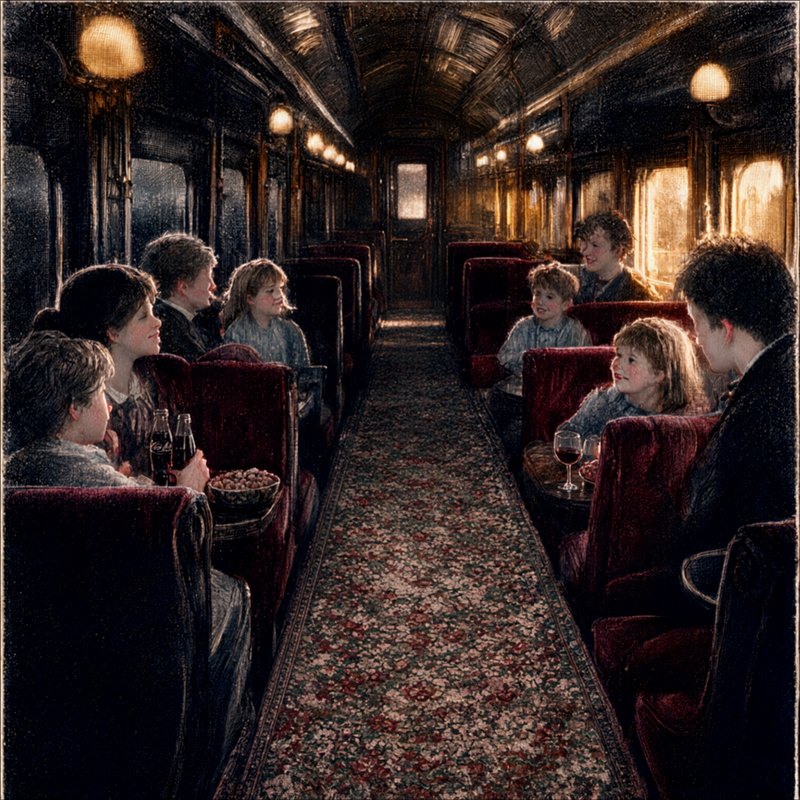 Warm lit vintage train carriage with passengers seated in plush red velvet seats chatting over snacks and drinks