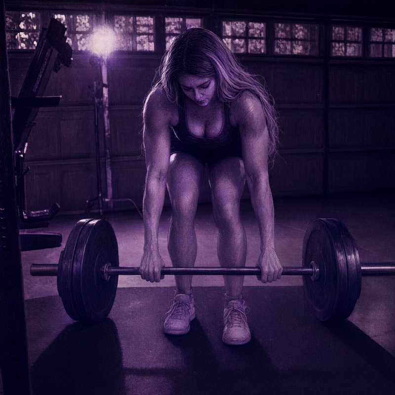 Muscular female athlete preparing to deadlift a heavy loaded barbell in a dim purple-lit gym