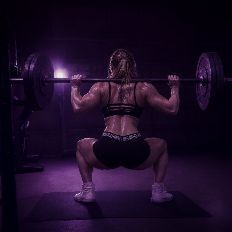 Muscular female weightlifter performing a back squat with a heavy barbell in a dim purple lit gym