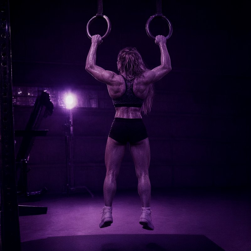 Muscular sweaty female athlete gripping gymnastic rings during a workout in a purple lit gym